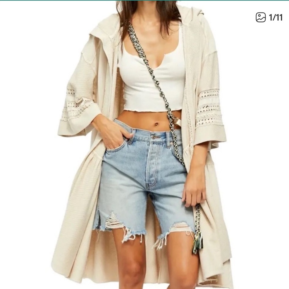 Free People Haley Hooded Cotton Duster Cardigan In Cream Size XS